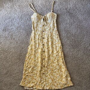 Elegant Yellow Leaf Print Midi Dress